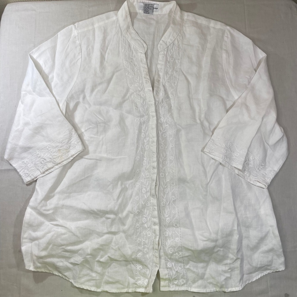 Lucy & Laurel Woman White 100% Linen Embroidered 3/4 Sleeve Blouse Plus Size 1X